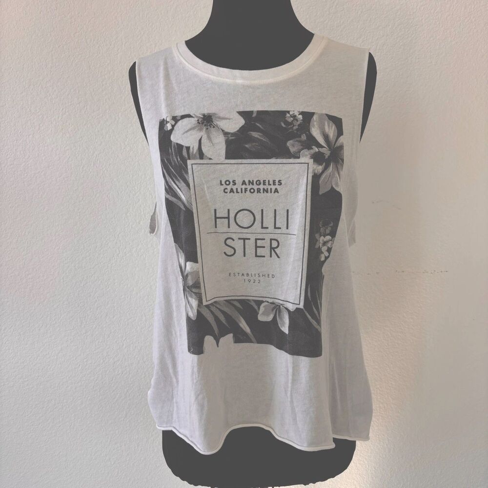 Hollister Womens Muscle Top M White Graphic Floral Y2K Loose Oversized Tank Top